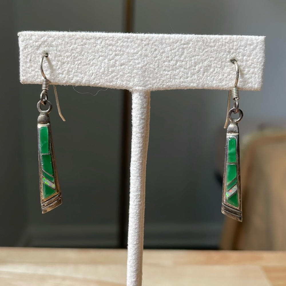 Vintage Green Jade Opal Sterling Silver 925 Southwest Hanging Drop Earrings